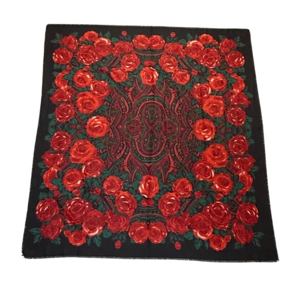 Italian Red Roses Paisley Scarf Square VTG Black Background Intricate Fringe Hem - Picture 1 of 7